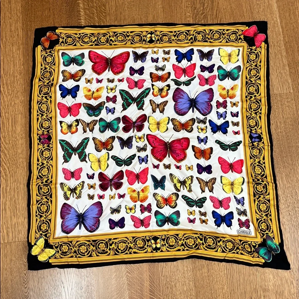 Carlisle Gorgeous Butterfly Silk Scarf - Black & Gold Border, Hand Rolled Edges